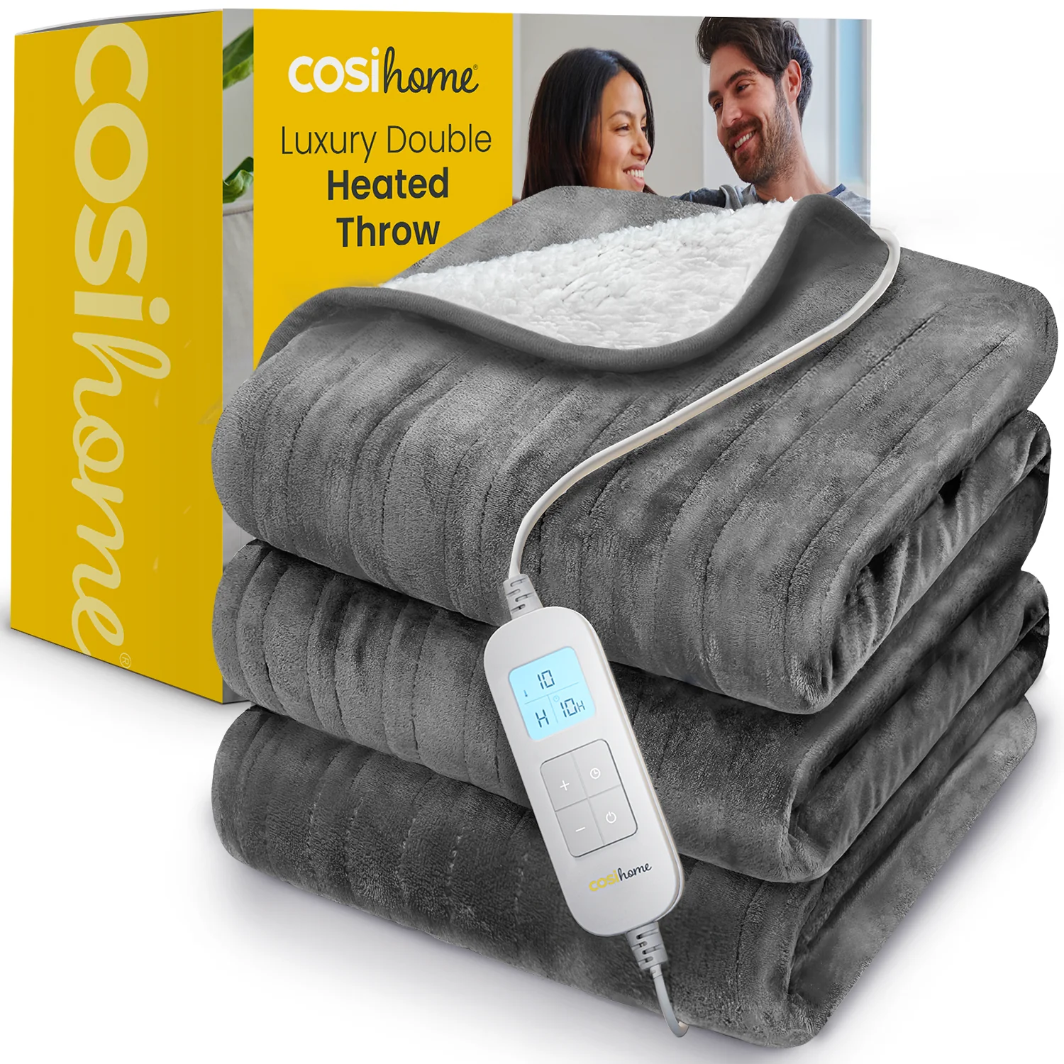 Double Fleece & Sherpa Electric Heated Throw - Grey - Image 3