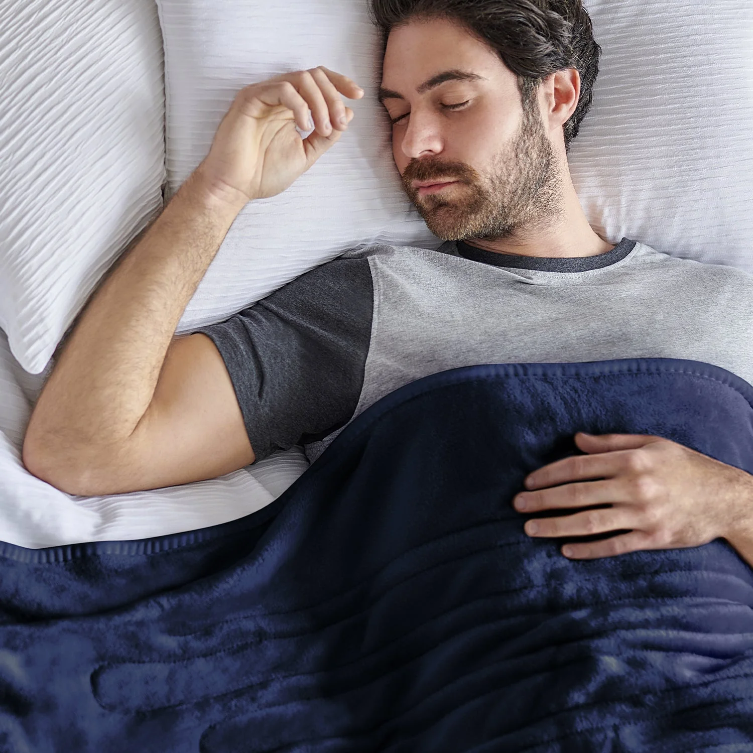 Double Fleece & Sherpa Electric Heated Throw - Navy - Image 7