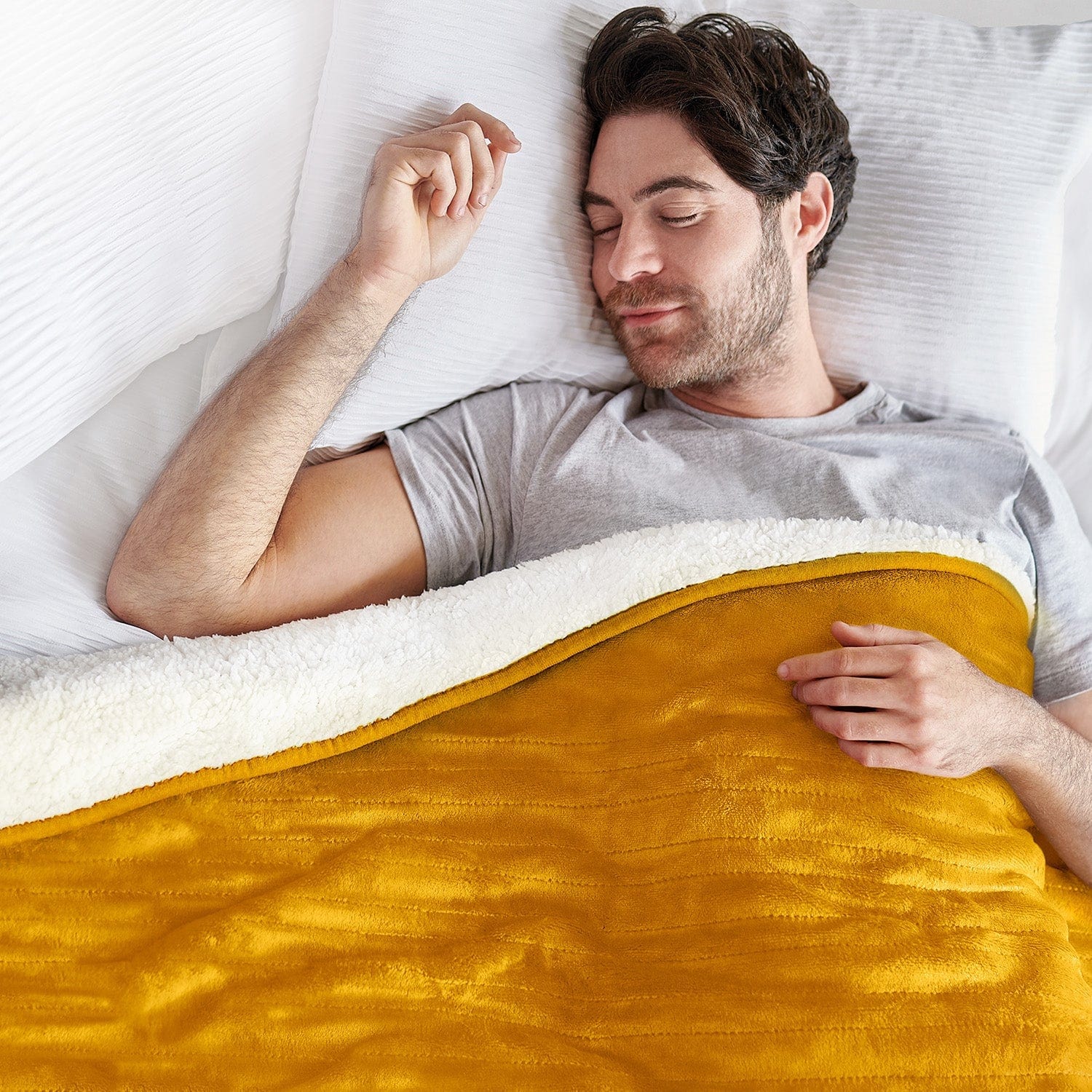 Fleece & Sherpa Electric Heated Throw - mustard - Image 3