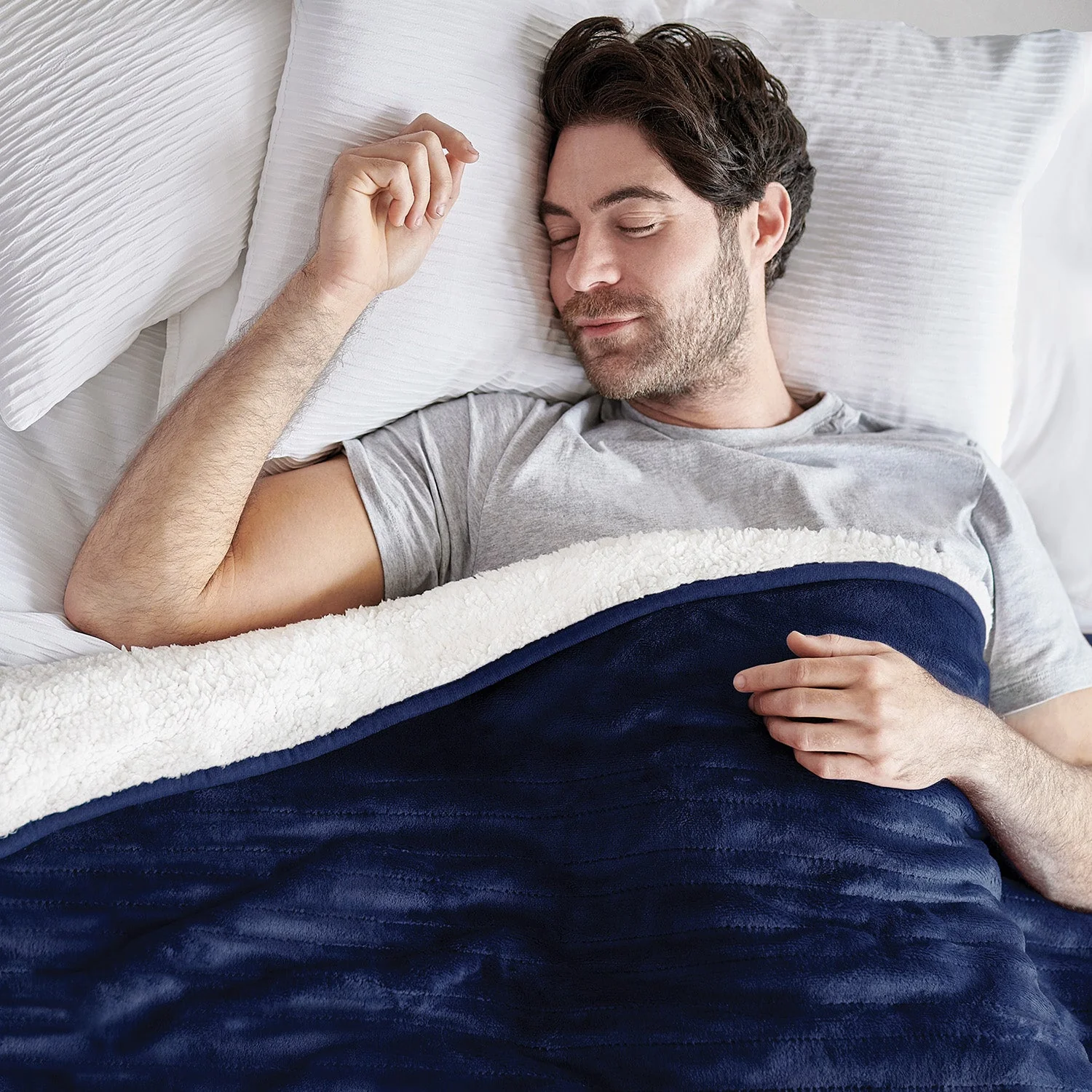 Fleece & Sherpa Electric Heated Throw - Navy - Image 5